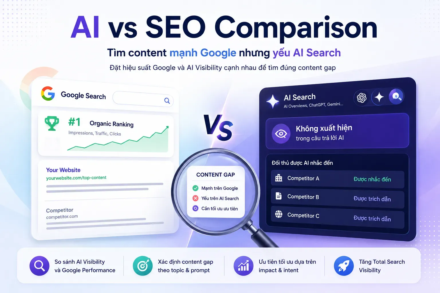 AI vs SEO Comparison: Tìm content mạnh trên Google nhưng yếu trên AI Search